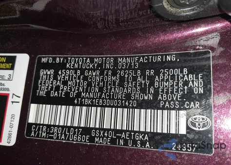 2013 Toyota Avalon Xle z USA, uszkodzony, nr VIN 4T1BK1EB3DU031420